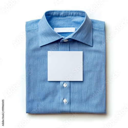 Blank white laundry care clothes label on blue shirt fabric texture isolated on white background. photo