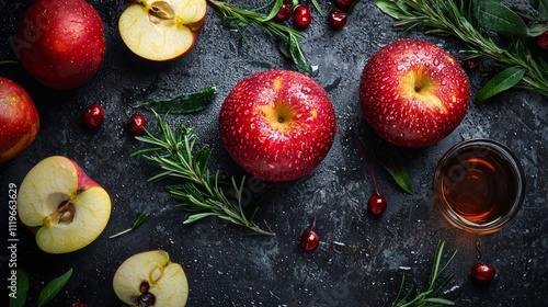 Fresh red apples with herbs and cranberries on a dark surface photo