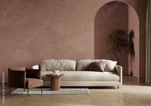 Luxury living room in warm Mocha mousse 2025 color trend. Brown walls, light gray lounge furniture. Empty background microcement for art