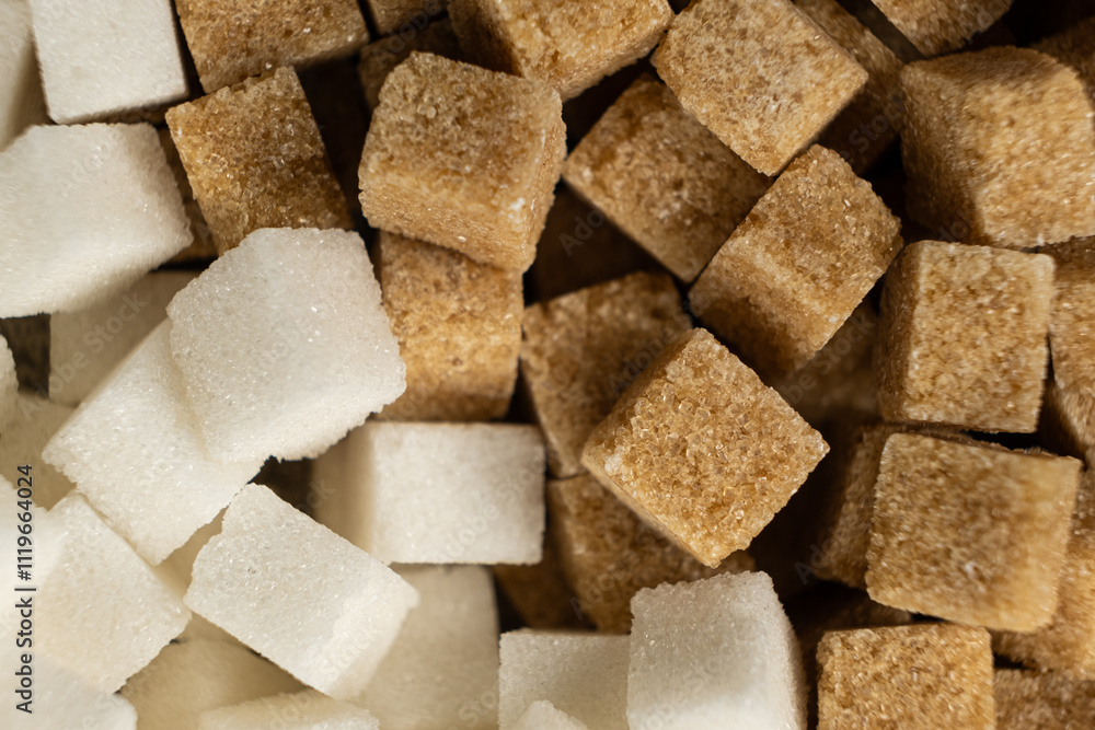 Cubes of unrefined brown demerara sugar and white refined beet sugar. Cubes of unrefined brown demerara sugar and white refined beet sugar.