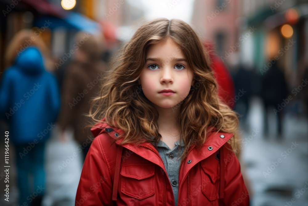 Portrait of a cute little girl in a red jacket on the street Portrait of a cute little girl in a red jacket on the street
