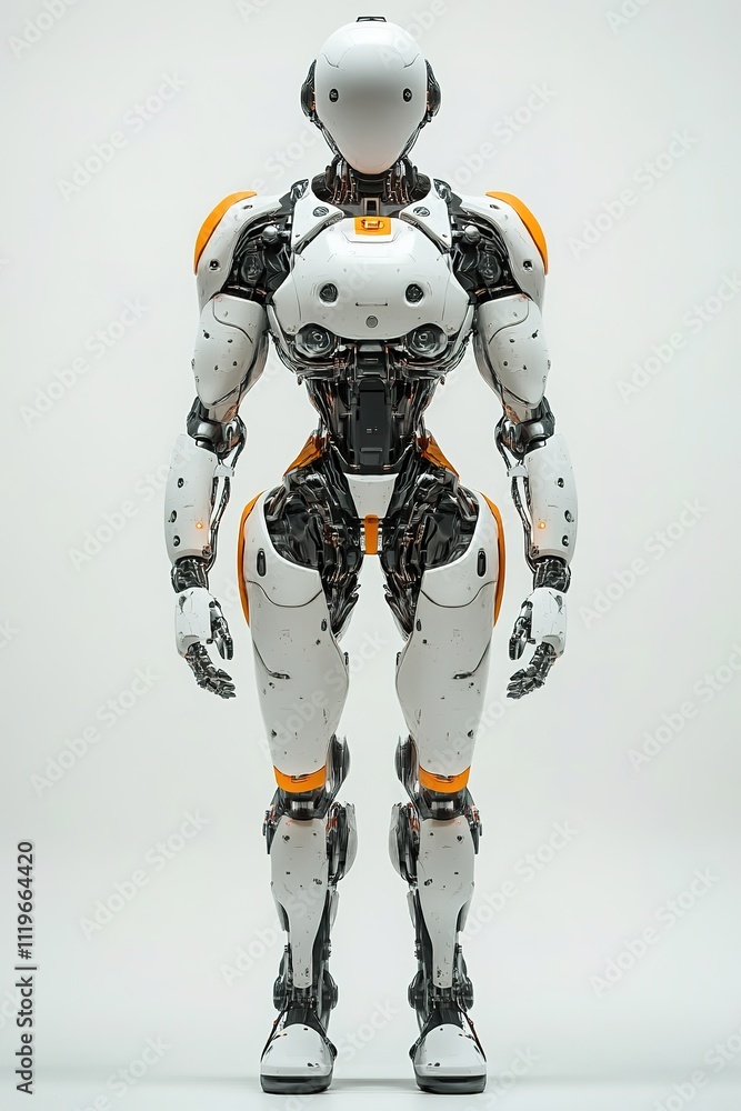 Realistic humanoid robot with white and orange armor.