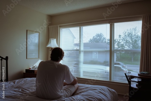 A solitary person sits on a bed, gazing out a window at a tranquil suburban scene, bathed in soft morning light, capturing a moment of reflection and calm. photo