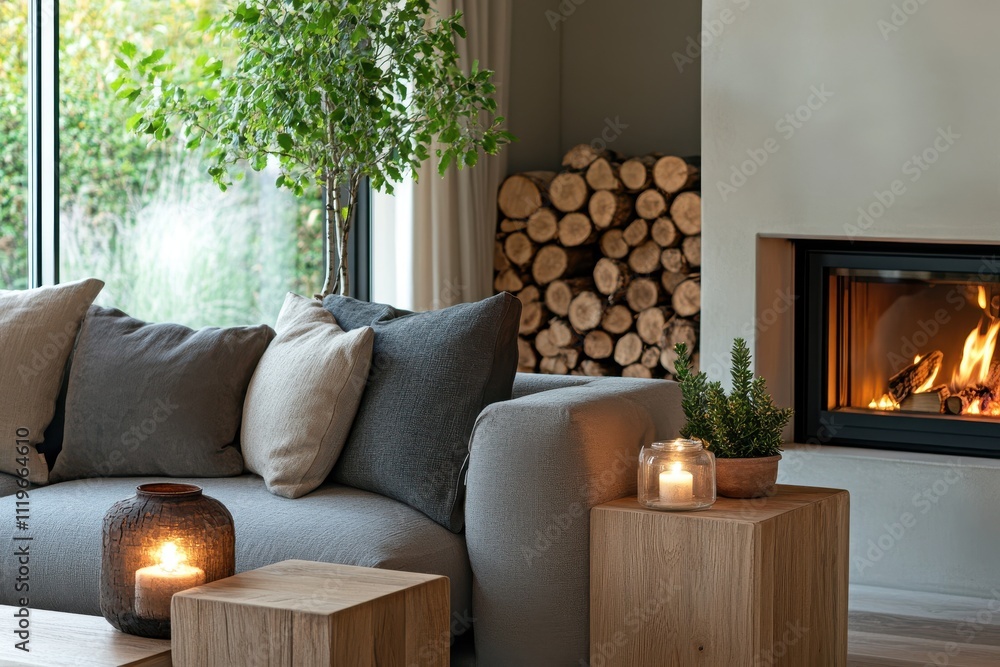 Obraz premium Cozy modern living room grey sofa with pillows wooden cube side tables