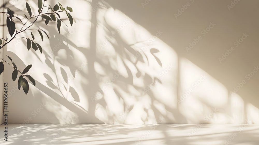 Light beige minimalistic background for product displays, featuring intricate shadows of windows and vegetation. Light beige minimalistic background for product displays, featuring intricate shadows of windows and vegetation.