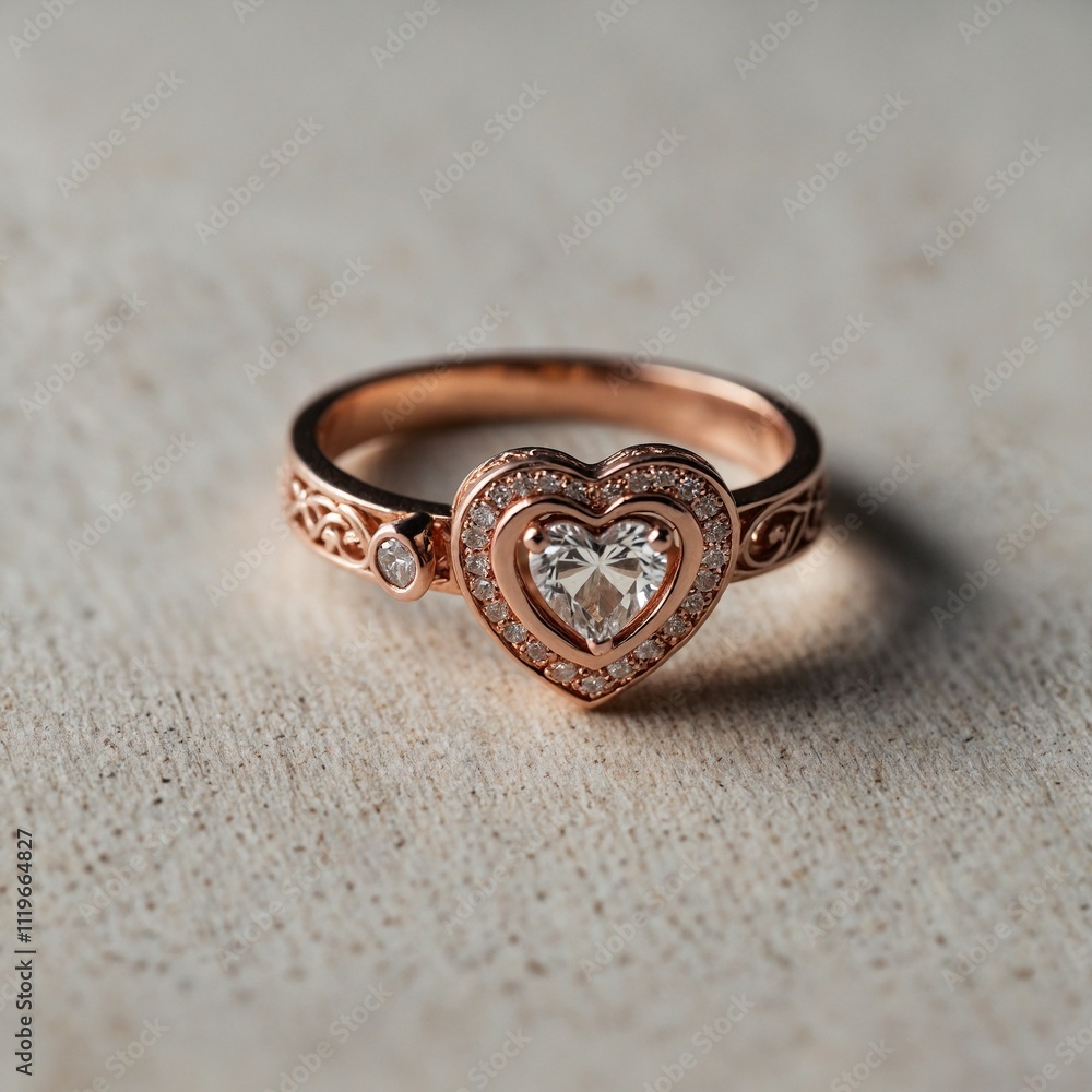 A rose gold ring placed on a heart-shaped locket. A rose gold ring placed on a heart-shaped locket.