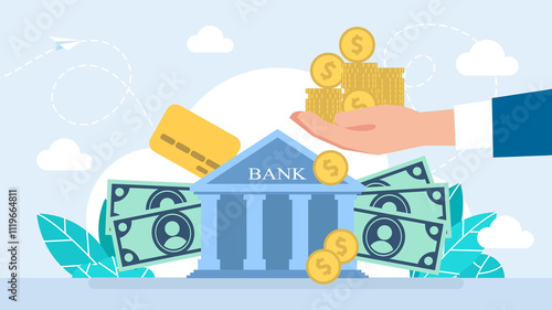 Bank deposits, financial services. Man carries money to bank, cash, coins, credit cards. Deposit, withdrawal, transactions money service. Hand holding coin for saving investment. Flat illustration