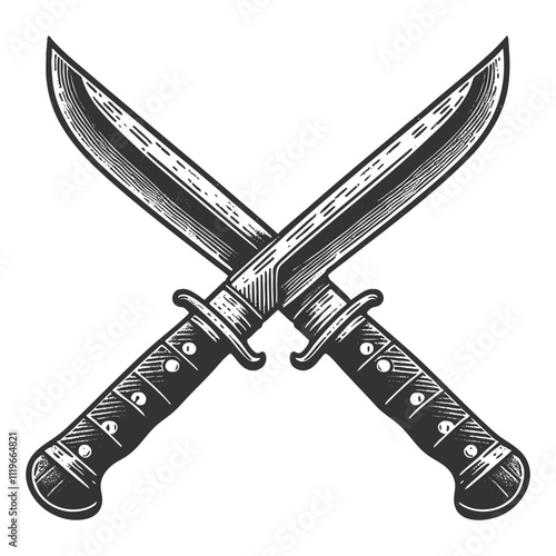 crossed Machete hunting knives, evoking a vintage engraving style sketch engraving generative ai vector illustration. Scratch board imitation. Black and white image.