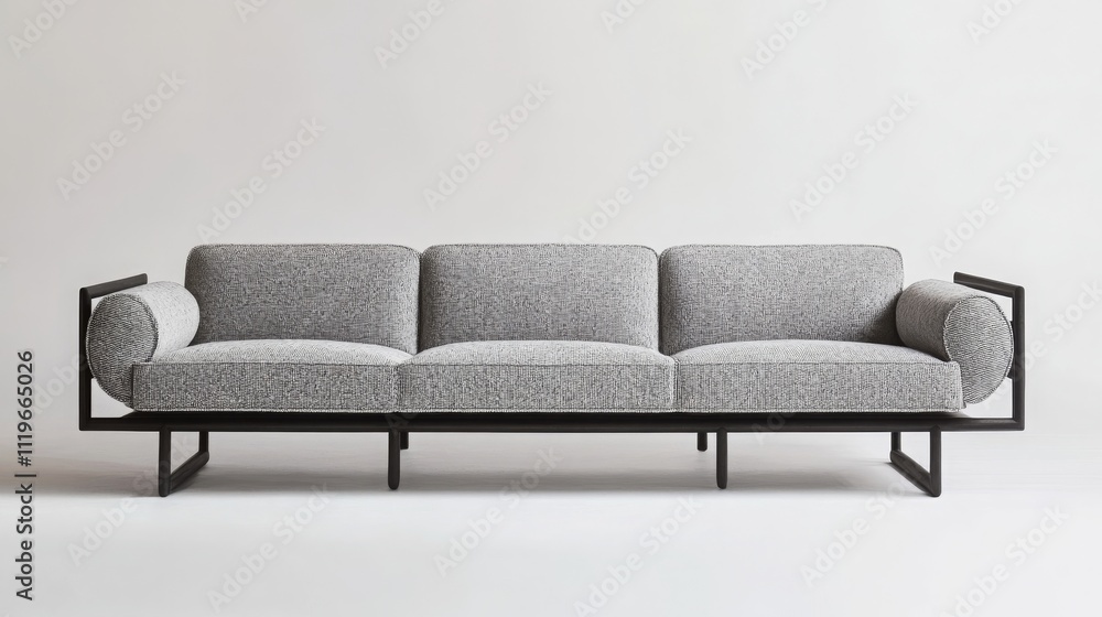 Minimalist long gray sofa with a modern design, front view against a white backdrop. Minimalist long gray sofa with a modern design, front view against a white backdrop.