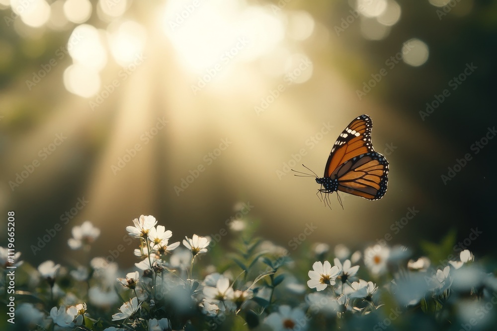 Obraz premium Colorful butterfly flutters over wildflowers in a serene forest setting during golden hour