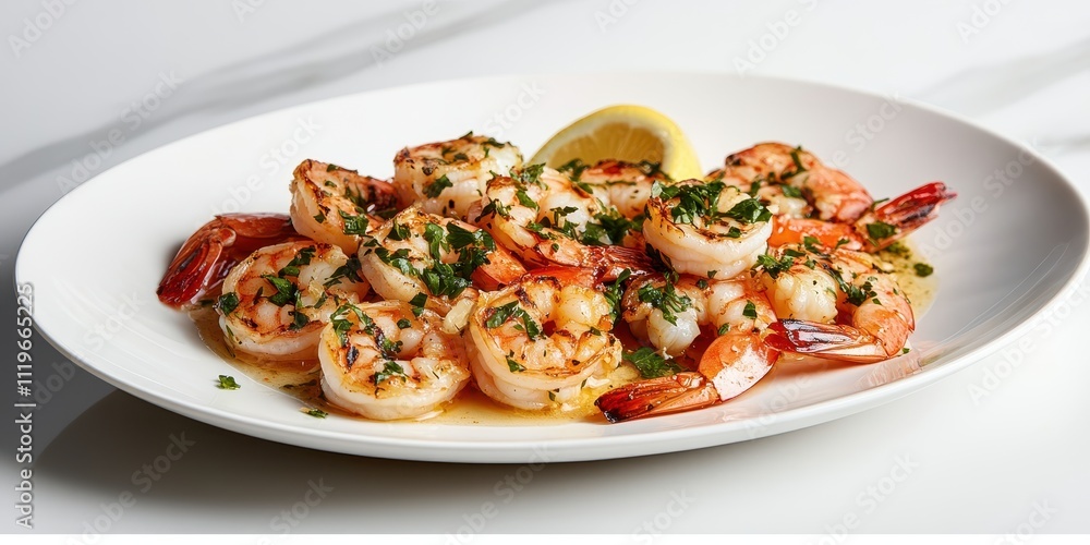 A platter of grilled shrimp garnished with herbs and lemon, served for a meal. A platter of grilled shrimp garnished with herbs and lemon, served for a meal.