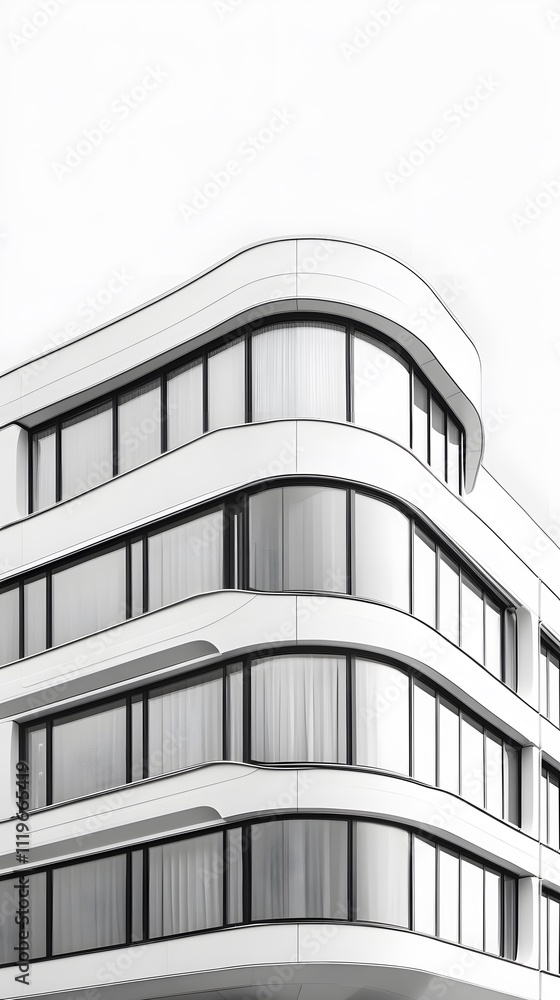A modern building with a white, curved facade, glass windows, and black window frames A modern building with a white, curved facade, glass windows, and black window frames