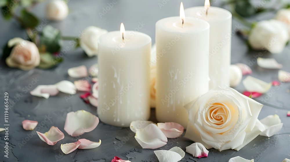 White candles in a serene design with pure rose blooms and a scattering of rose petals surrounding them White candles in a serene design with pure rose blooms and a scattering of rose petals surrounding them