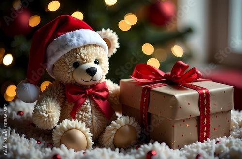 A cozy holiday setting with a teddy bear in a Santa Claus hat next to a beautifully wrapped gift