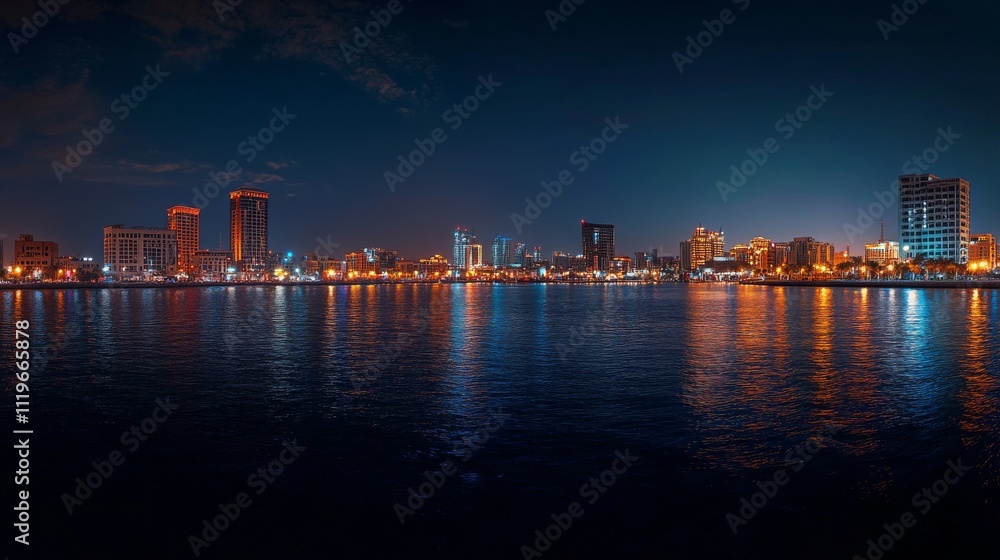 Obraz premium Panoramic view of Dubai Creek with the city's modern skyline illuminated at night