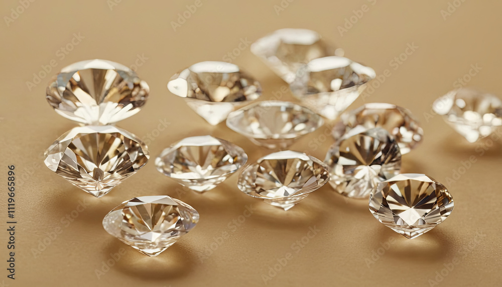 Various diamonds with multiple facets are scattered across a smooth, neutral-colored surface, showcasing their brilliance and reflecting light in an enchanting way Various diamonds with multiple facets are scattered across a smooth, neutral-colored surface, showcasing their brilliance and reflecting light in an enchanting way