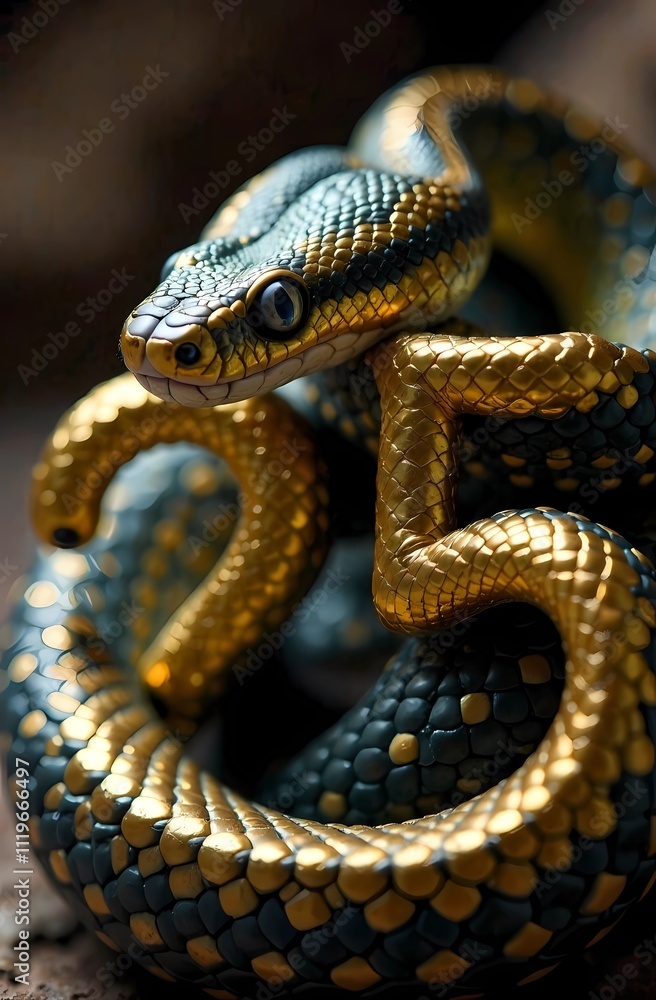 Fototapeta premium A snake coiled around the golden numbers 2025. Happy New Year!