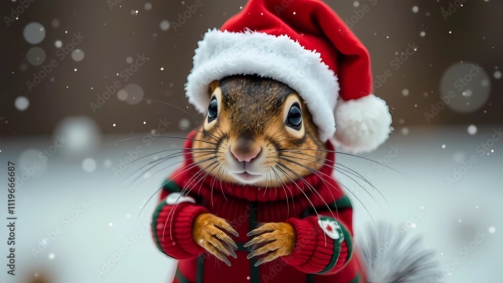 A cute squirrel is dressed in a festive sweater and a Santa hat A cute squirrel is dressed in a festive sweater and a Santa hat
