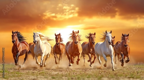 Herd of horses galloping at sunset. (1)