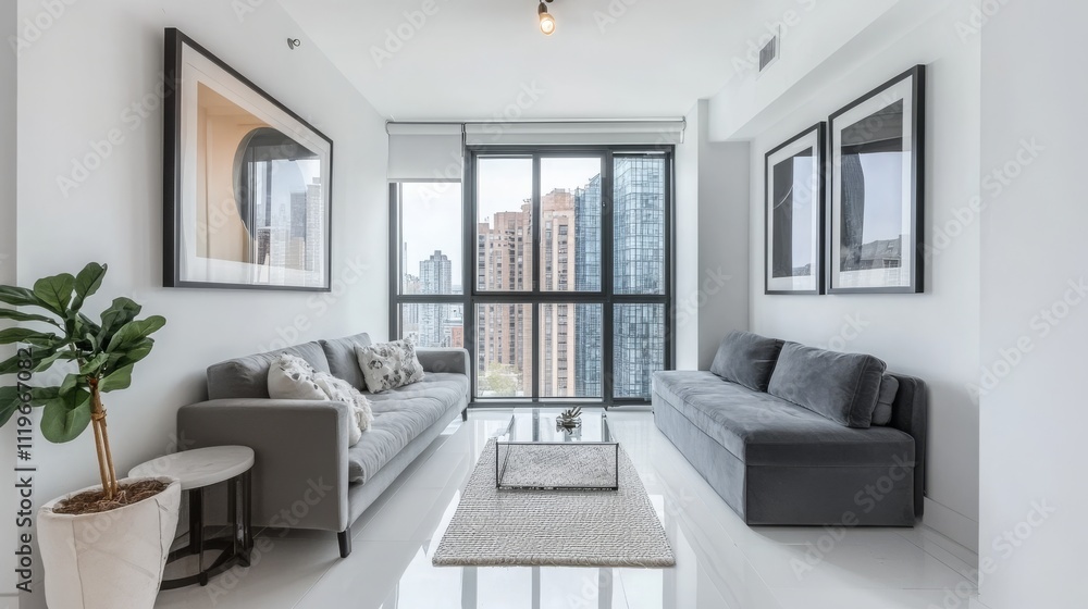 Shiny, spotless apartment living room with a white floor, gray sofa, and a framed wall picture Shiny, spotless apartment living room with a white floor, gray sofa, and a framed wall picture