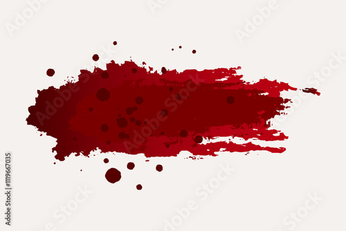 Red smear with splashes on white background, blood stains and streaks, imprint. Realistic stain, Halloween, crime and horror design elements.