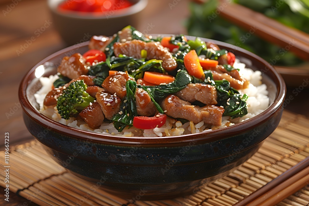 Asian Cuisine Dish with Stir-Fried Pork, Vegetables, and Rice for Culinary Blogs