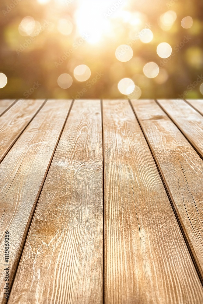 Sunlit wooden deck with golden bokeh background in warm summer glow Sunlit wooden deck with golden bokeh background in warm summer glow