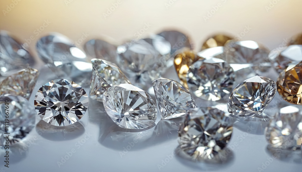 A collection of sparkling diamonds in different cuts and colors glistens under bright light, creating an elegant display on a smooth surface that enhances their brilliance A collection of sparkling diamonds in different cuts and colors glistens under bright light, creating an elegant display on a smooth surface that enhances their brilliance