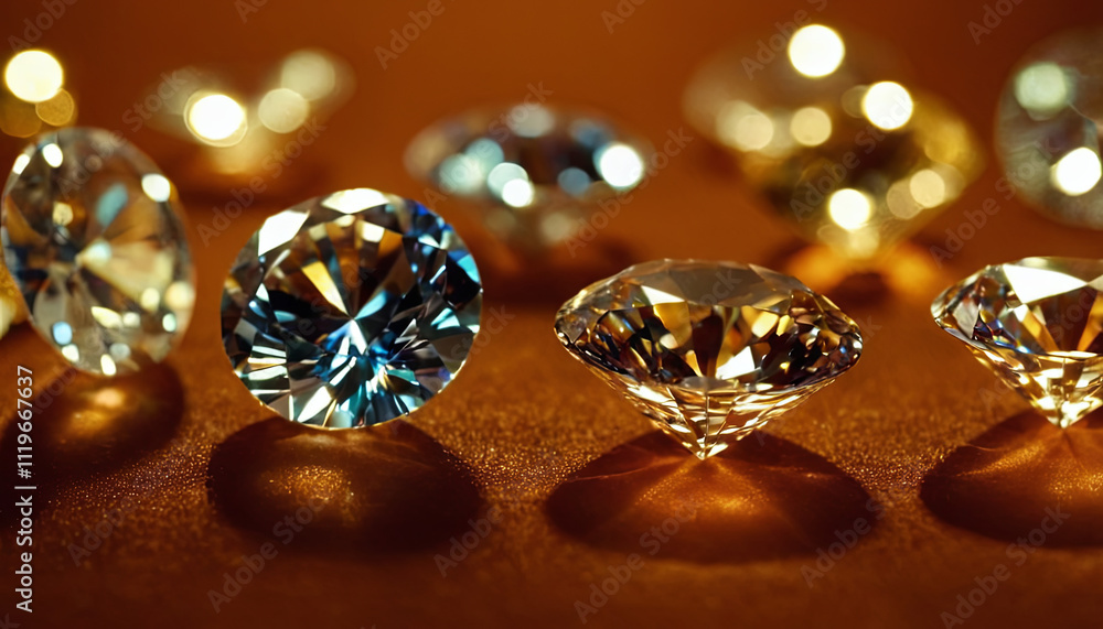 A collection of brilliant cut gemstones is artfully displayed, reflecting light with a mesmerizing sparkle that enhances their beauty. The warm background accentuates their dazzling facets A collection of brilliant cut gemstones is artfully displayed, reflecting light with a mesmerizing sparkle that enhances their beauty. The warm background accentuates their dazzling facets