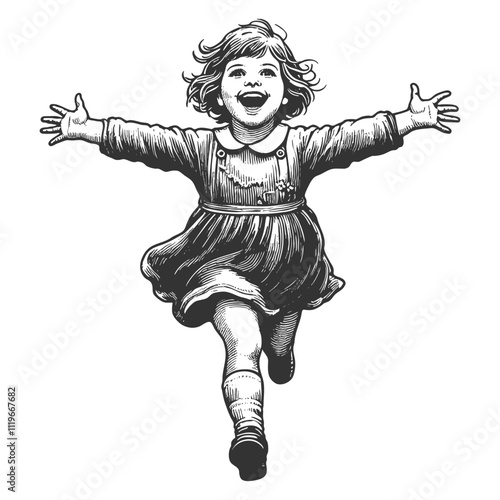 joyful little girl running with open arms, smiling and carefree, capturing the essence of childhood happiness and innocence sketch engraving generative ai vector illustration. Black and white image.