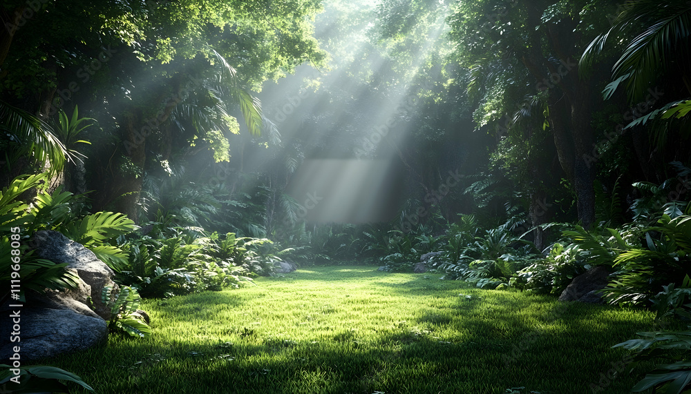 Obraz premium Sunbeams illuminating lush green jungle path.