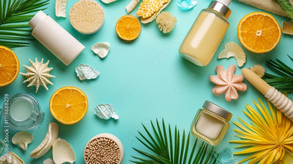 Spa essentials with citrus and tropical accents on turquoise background Spa essentials with citrus and tropical accents on turquoise background