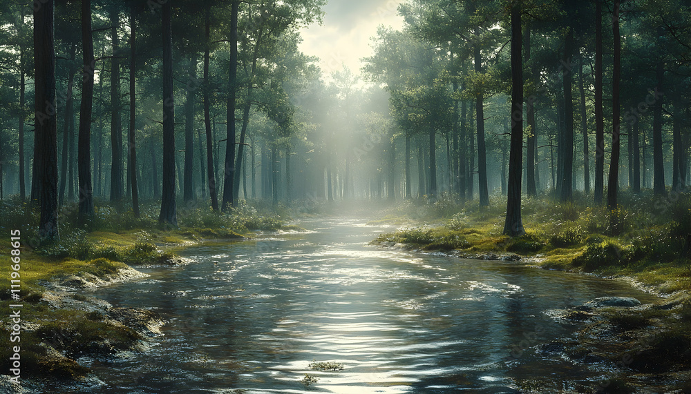 Fototapeta premium Sunlit stream flows through misty forest.