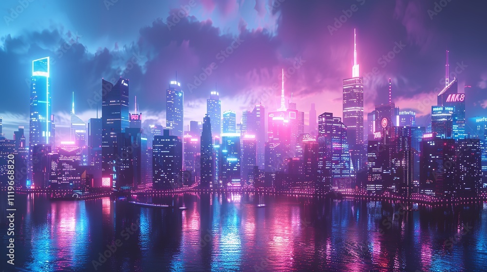 Obraz premium Futuristic City Skyline with pink and purple night vibe background.