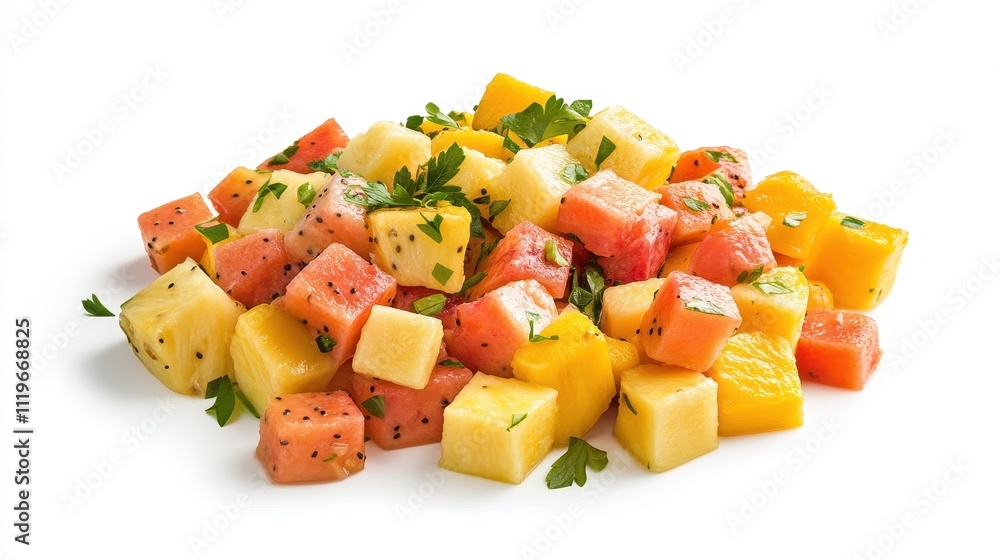 A colorful mix of diced fruits including watermelon, pineapple, and mango, garnished with herbs. A colorful mix of diced fruits including watermelon, pineapple, and mango, garnished with herbs.