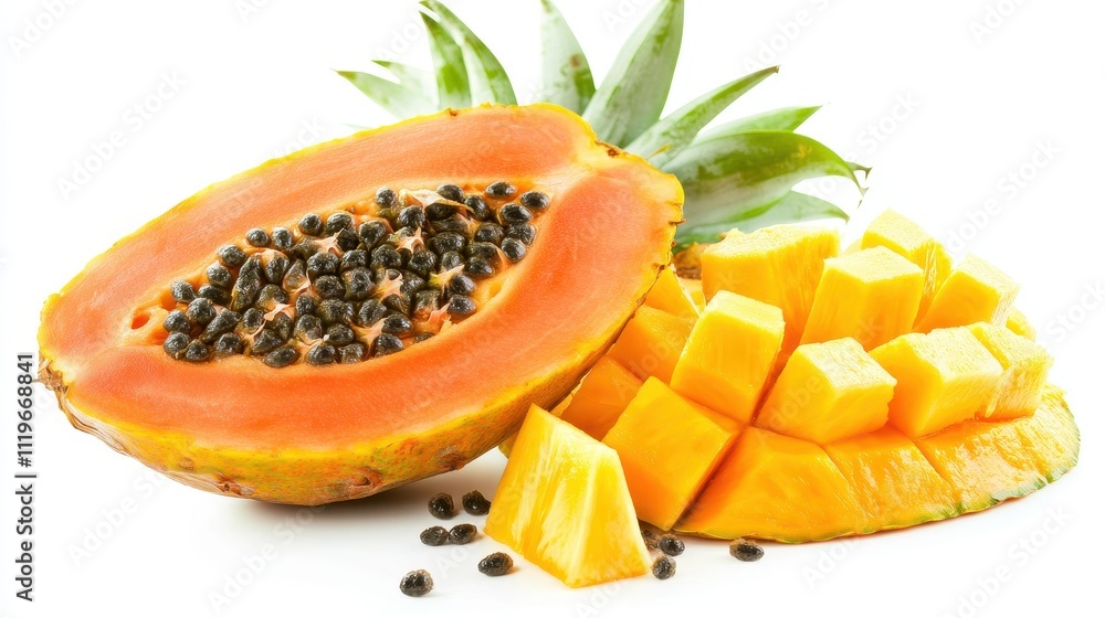 A vibrant display of papaya and pineapple, showcasing their fresh and tropical appeal. A vibrant display of papaya and pineapple, showcasing their fresh and tropical appeal.