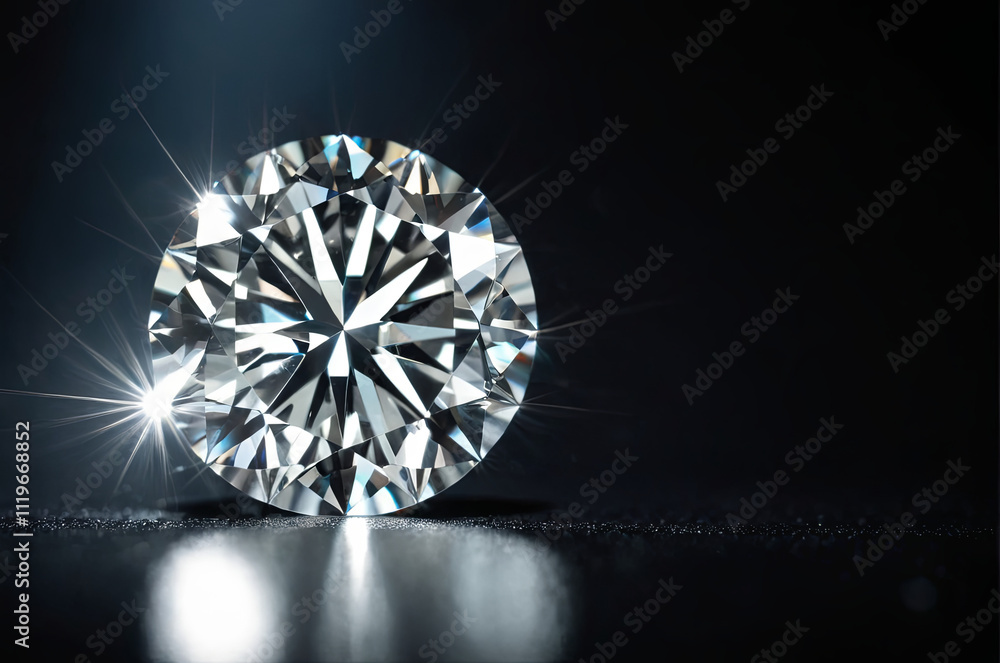 A beautifully cut diamond displays its exceptional brilliance under focused light, showcasing intricate facets that reflect glimmers on a dark surface A beautifully cut diamond displays its exceptional brilliance under focused light, showcasing intricate facets that reflect glimmers on a dark surface