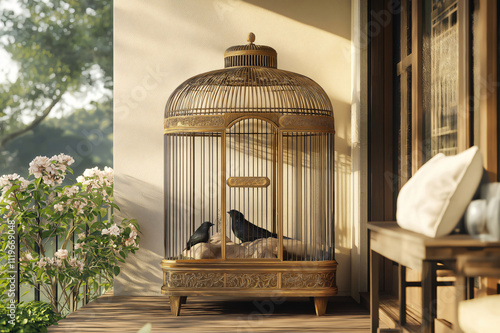 Two blackbirds resting inside an ornate golden birdcage placed on a wooden porch on a sunny morning, adding a touch of vintage elegance to the scene photo