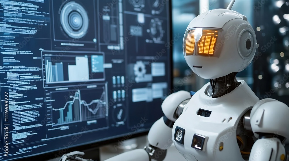 White robot with digital screen background in futuristic setting White robot with digital screen background in futuristic setting