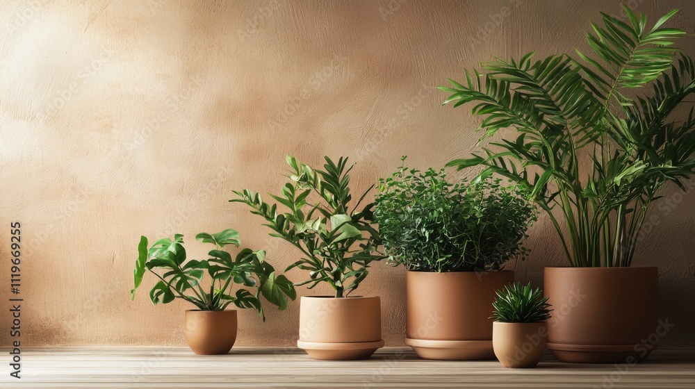 Potted green plants in ceramic pots against a textured wall Potted green plants in ceramic pots against a textured wall