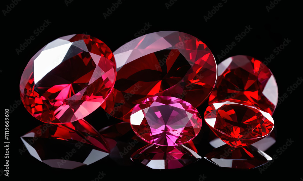 Elegant red and pink gemstones are carefully arranged to display their vibrant colors and facets. The jewels sparkle against a black background, highlighting their natural beauty and intricacy Elegant red and pink gemstones are carefully arranged to display their vibrant colors and facets. The jewels sparkle against a black background, highlighting their natural beauty and intricacy