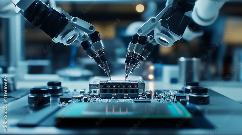 Cinematic shot of AI Powered machinery working on a processor chip, technology concept. Cinematic shot of AI Powered machinery working on a processor chip, technology concept.