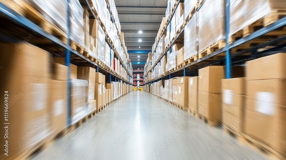 Warehouse Aisle with Cardboard Boxes and Shelving in Distribution Center Warehouse Aisle with Cardboard Boxes and Shelving in Distribution Center