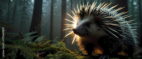 A close up of a porcupine with quills raised against a lush forest background photo