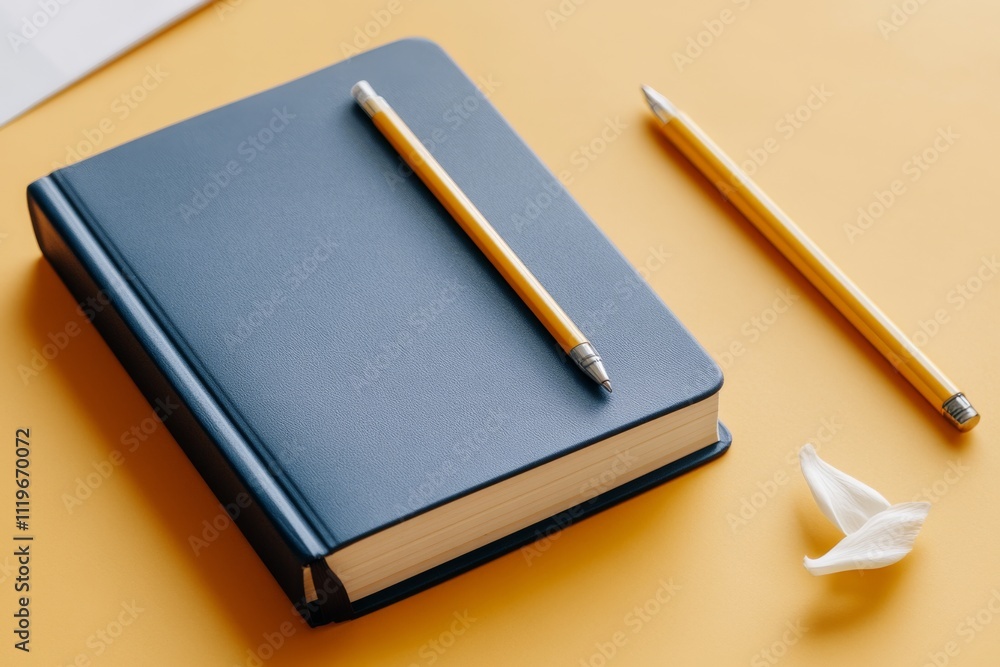 A notebook and pencils lie on a vibrant yellow surface, complemented by a white flower petal, symbolizing creativity and inspiration. A notebook and pencils lie on a vibrant yellow surface, complemented by a white flower petal, symbolizing creativity and inspiration.