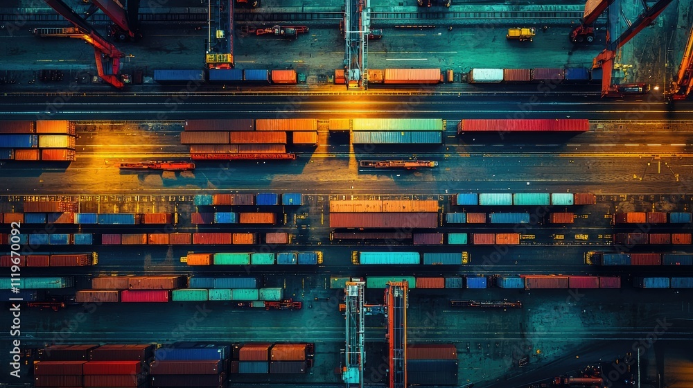 Aerial view of a busy container port at night. Aerial view of a busy container port at night.