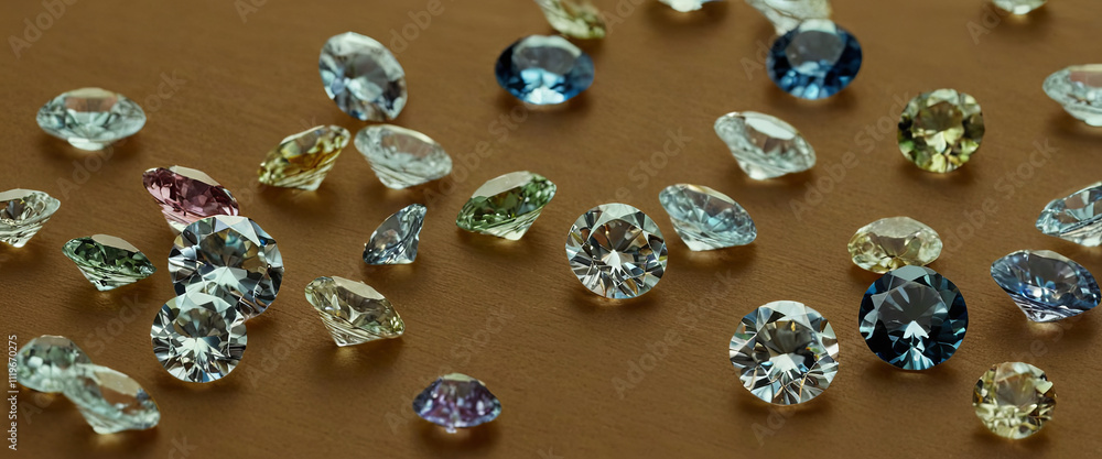 A vibrant collection of various gemstones in different shapes and colors is scattered across a brown surface. The stones reflect light, showcasing their exquisite clarity and brilliance A vibrant collection of various gemstones in different shapes and colors is scattered across a brown surface. The stones reflect light, showcasing their exquisite clarity and brilliance