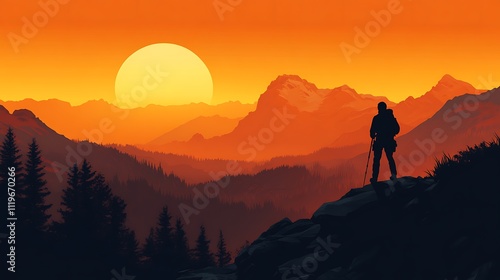 Silhouette of Hiker at Sunset Over Majestic Mountain Range - Digital Painting. AI Generated