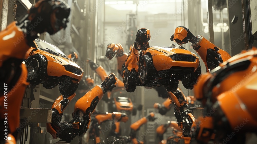 Robotic arms assembling orange cars in a futuristic factory. Robotic arms assembling orange cars in a futuristic factory.