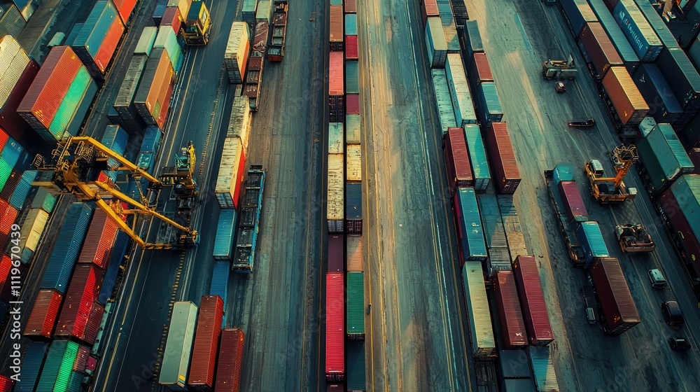 Aerial view of colorful shipping containers in a port. Aerial view of colorful shipping containers in a port.